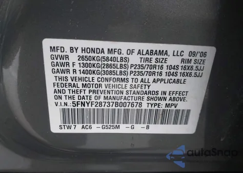2007 Honda Pilot Ex-L из США, поврежденный, VIN 5FNYF28737B007678
